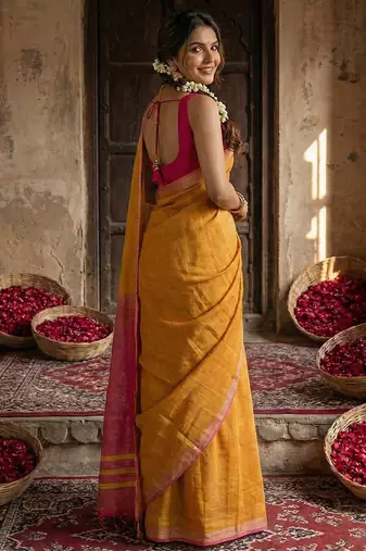 Orange cotton silk blend saree with contrasting border