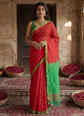 Red cotton linen blend saree with contrasting border 1
