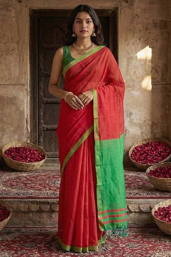 Red cotton linen blend saree with contrasting border