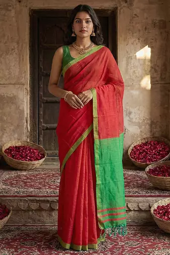 Red cotton linen blend saree with contrasting border
