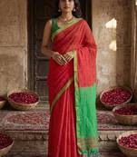 Red cotton linen blend saree with contrasting border