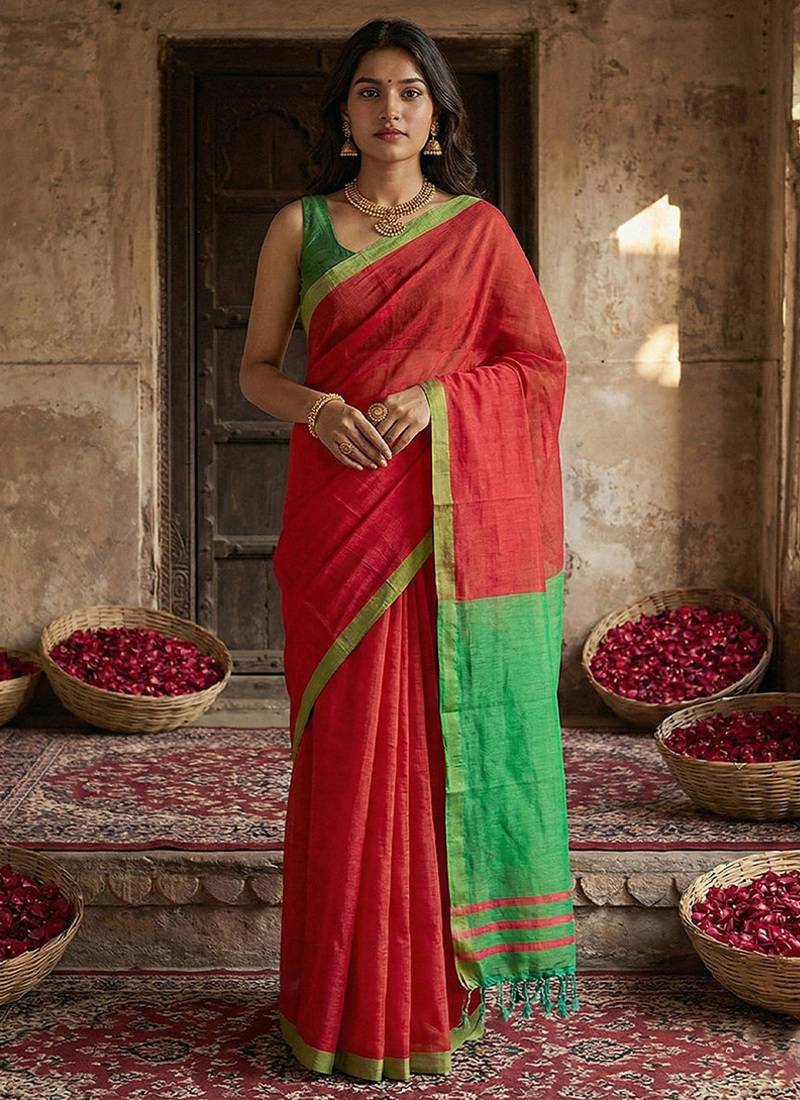 Red cotton linen blend saree with contrasting border