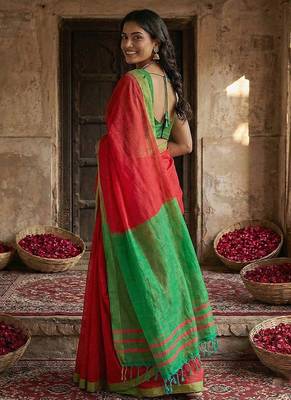 Red cotton linen blend saree with contrasting border 2