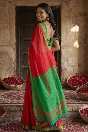 Red cotton linen blend saree with contrasting border