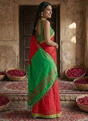Red cotton linen blend saree with contrasting border 3