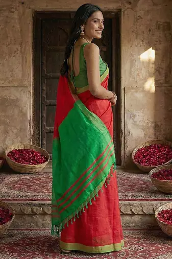 Red cotton linen blend saree with contrasting border