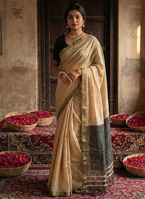 Beige cotton silk blend saree with contrasting border 1