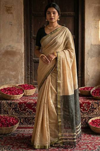 Beige cotton silk blend saree with contrasting border