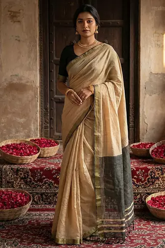 Beige cotton silk blend saree with contrasting border