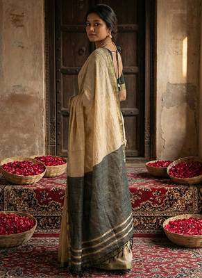 Beige cotton silk blend saree with contrasting border 2