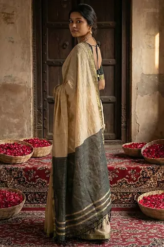 Beige cotton silk blend saree with contrasting border