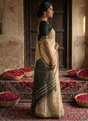 Beige cotton silk blend saree with contrasting border 3