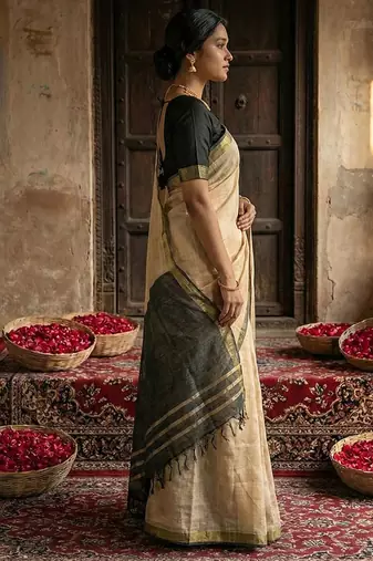 Beige cotton silk blend saree with contrasting border