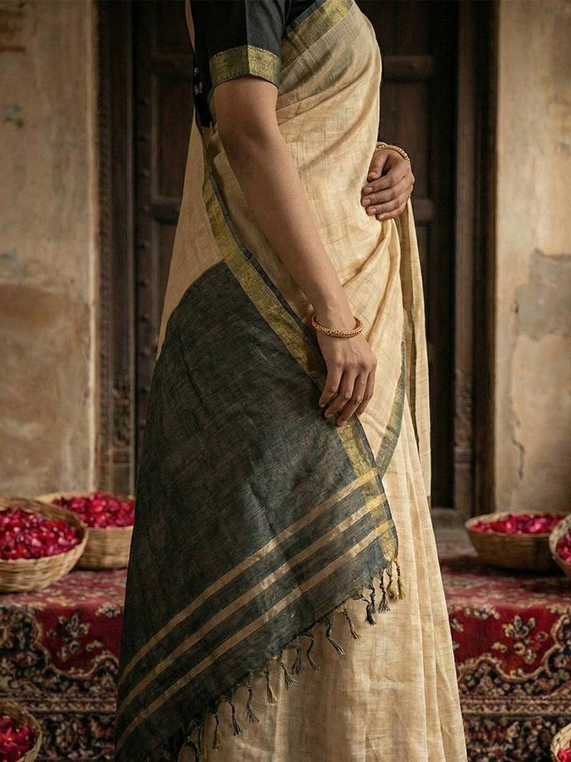 Beige cotton silk blend saree with contrasting border