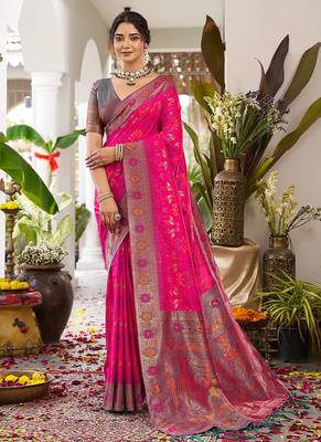 Rani pink soft banarasi silk blend saree with contrast blouse piece 1