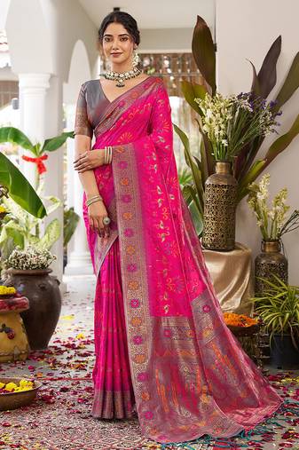 Rani pink soft banarasi silk blend saree with contrast blouse piece