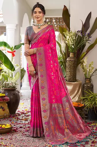 Rani pink soft banarasi silk blend saree with contrast blouse piece