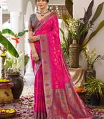 Rani pink soft banarasi silk blend saree with contrast blouse piece