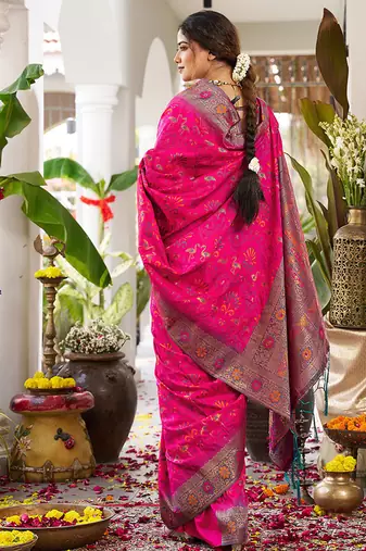Rani pink soft banarasi silk blend saree with contrast blouse piece