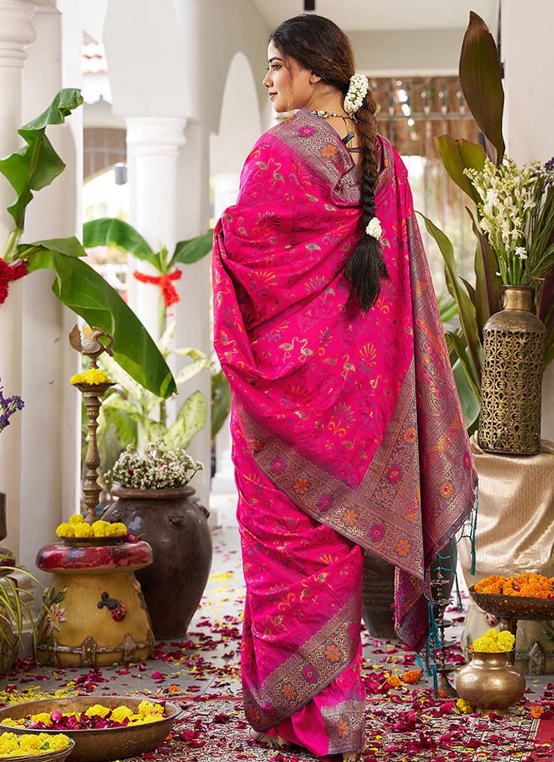 Rani pink soft banarasi silk blend saree with contrast blouse piece