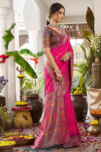 Rani pink soft banarasi silk blend saree with contrast blouse piece
