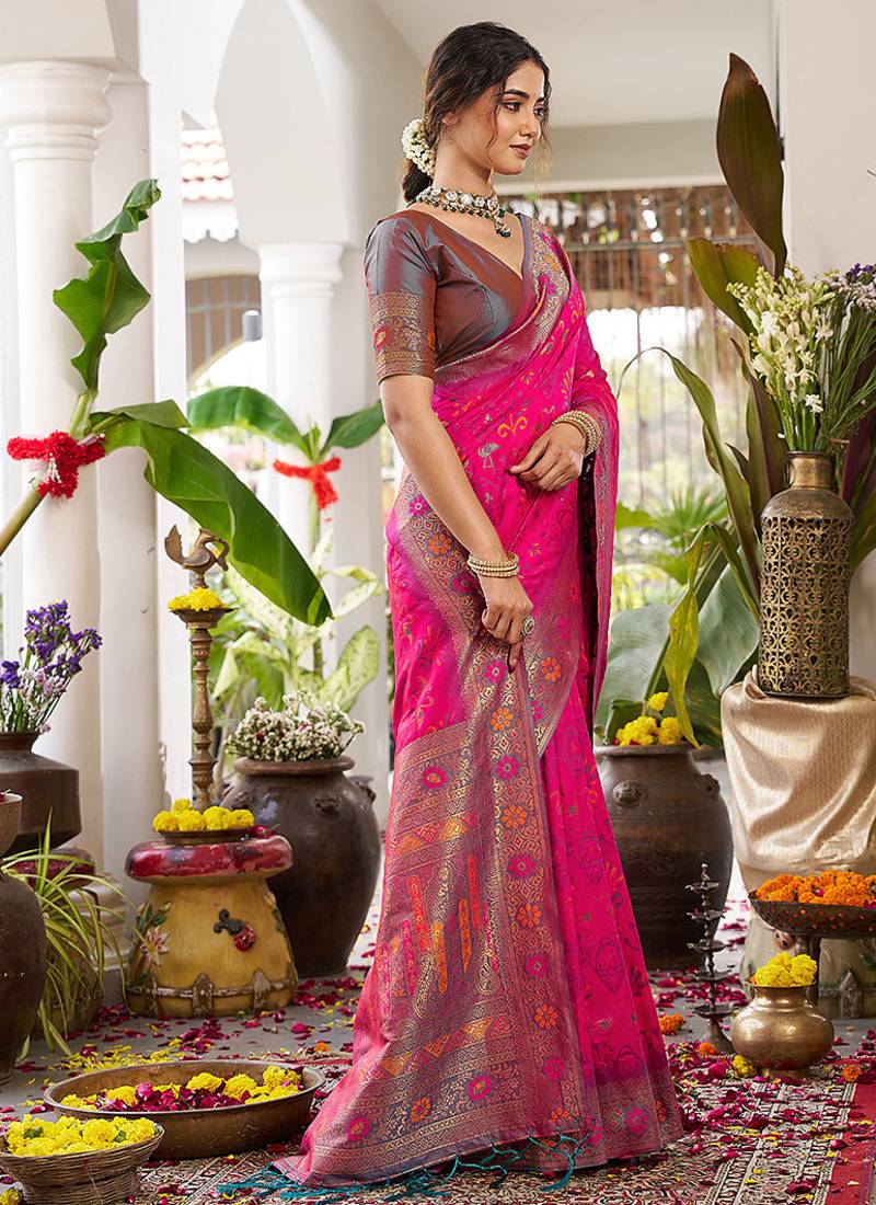 Rani pink soft banarasi silk blend saree with contrast blouse piece