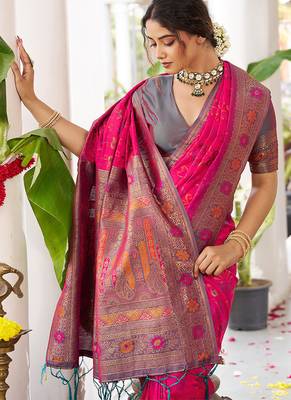 Rani pink soft banarasi silk blend saree with contrast blouse piece 4