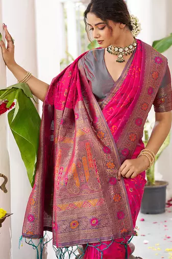 Rani pink soft banarasi silk blend saree with contrast blouse piece