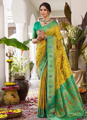 Mustard soft banarasi silk blend saree with contrast blouse piece 1