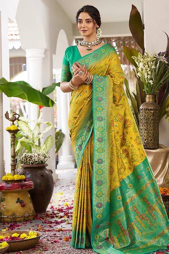 Mustard soft banarasi silk blend saree with contrast blouse piece