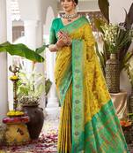 Mustard soft banarasi silk blend saree with contrast blouse piece