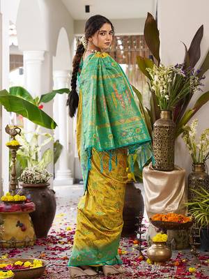 Mustard soft banarasi silk blend saree with contrast blouse piece 2