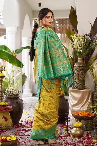 Mustard soft banarasi silk blend saree with contrast blouse piece