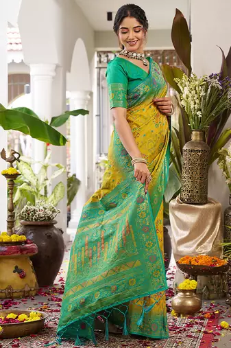 Mustard soft banarasi silk blend saree with contrast blouse piece