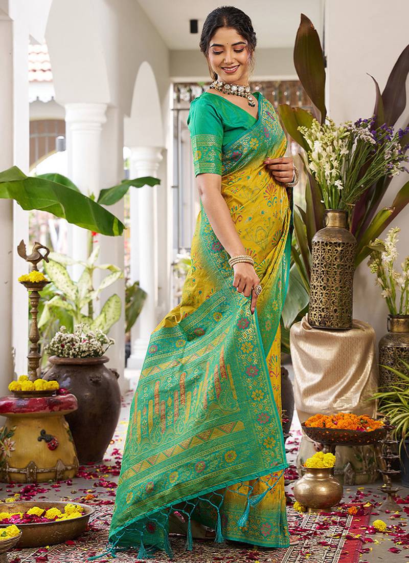 Mustard soft banarasi silk blend saree with contrast blouse piece