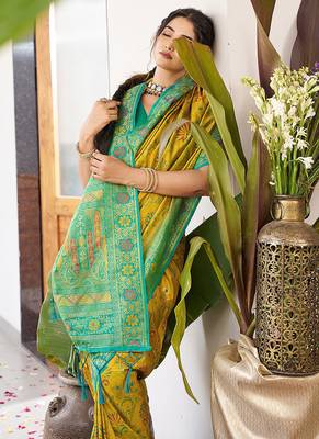 Mustard soft banarasi silk blend saree with contrast blouse piece 4