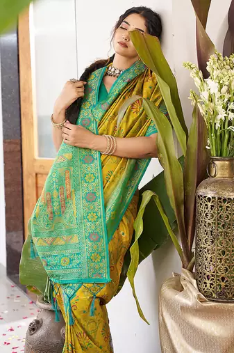 Mustard soft banarasi silk blend saree with contrast blouse piece