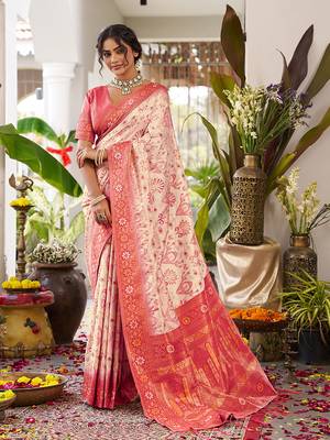 White soft banarasi silk blend saree with contrast blouse piece 1
