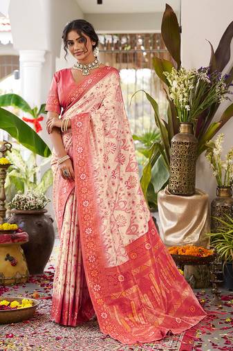 White soft banarasi silk blend saree with contrast blouse piece