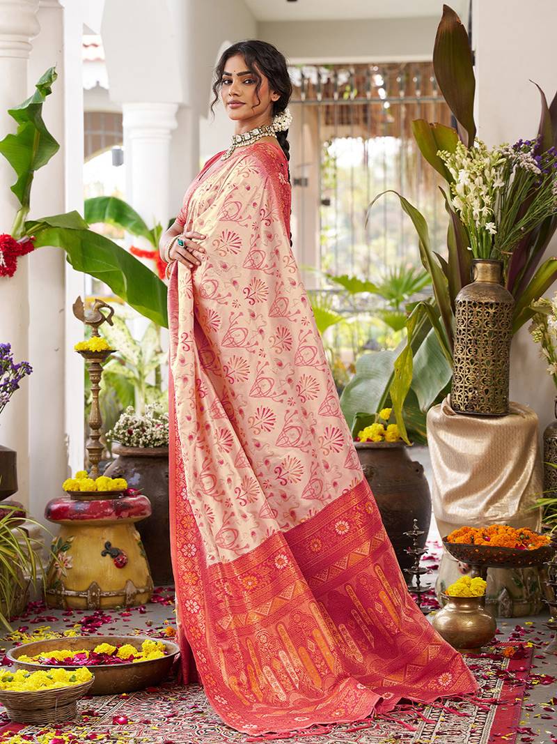 White soft banarasi silk blend saree with contrast blouse piece