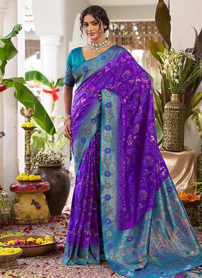 Violet soft banarasi silk blend saree with contrast blouse piece 1