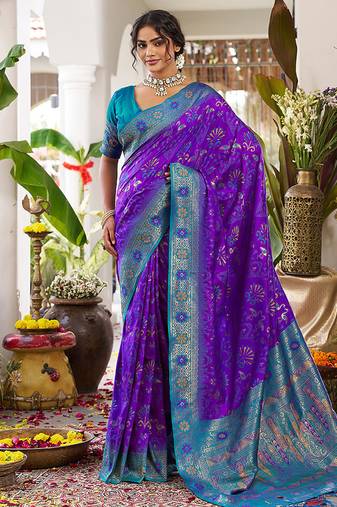 Violet soft banarasi silk blend saree with contrast blouse piece