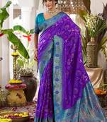 Violet soft banarasi silk blend saree with contrast blouse piece