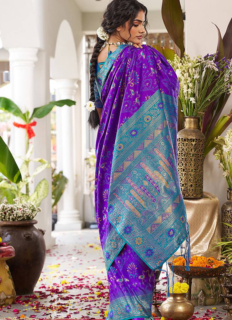 Violet soft banarasi silk blend saree with contrast blouse piece