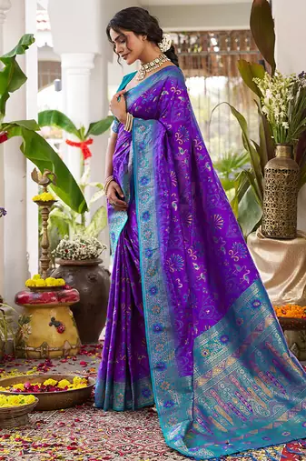 Violet soft banarasi silk blend saree with contrast blouse piece