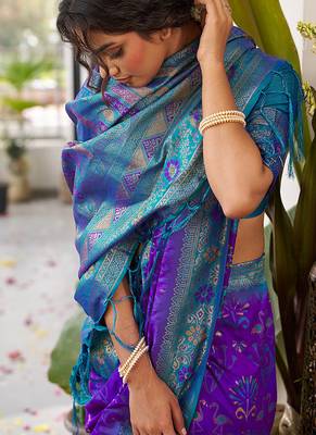 Violet soft banarasi silk blend saree with contrast blouse piece 4