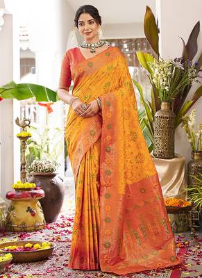 Mustard soft banarasi silk blend saree with contrast blouse piece 1