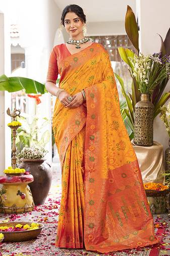 Mustard soft banarasi silk blend saree with contrast blouse piece