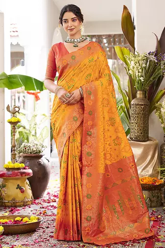 Mustard soft banarasi silk blend saree with contrast blouse piece