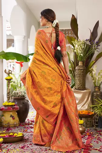 Mustard soft banarasi silk blend saree with contrast blouse piece
